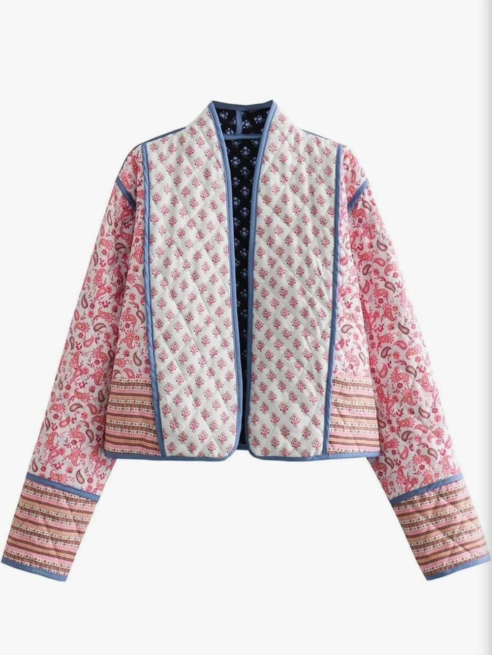 Floral Quilted Cropped Reversible Jacket - Pink/Blue